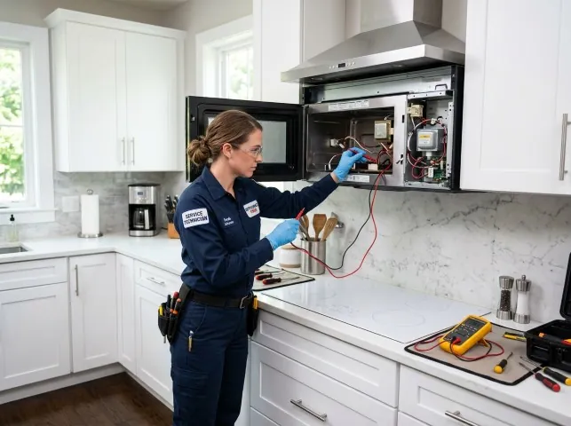 Appliance Repair Hero technician testing an over-the-range microwave in a Augusta, NJ kitchen