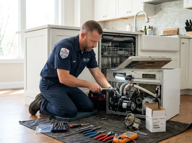 Appliance Repair Hero technician pulling a built-in dishwasher out to reach the pump and spray arms